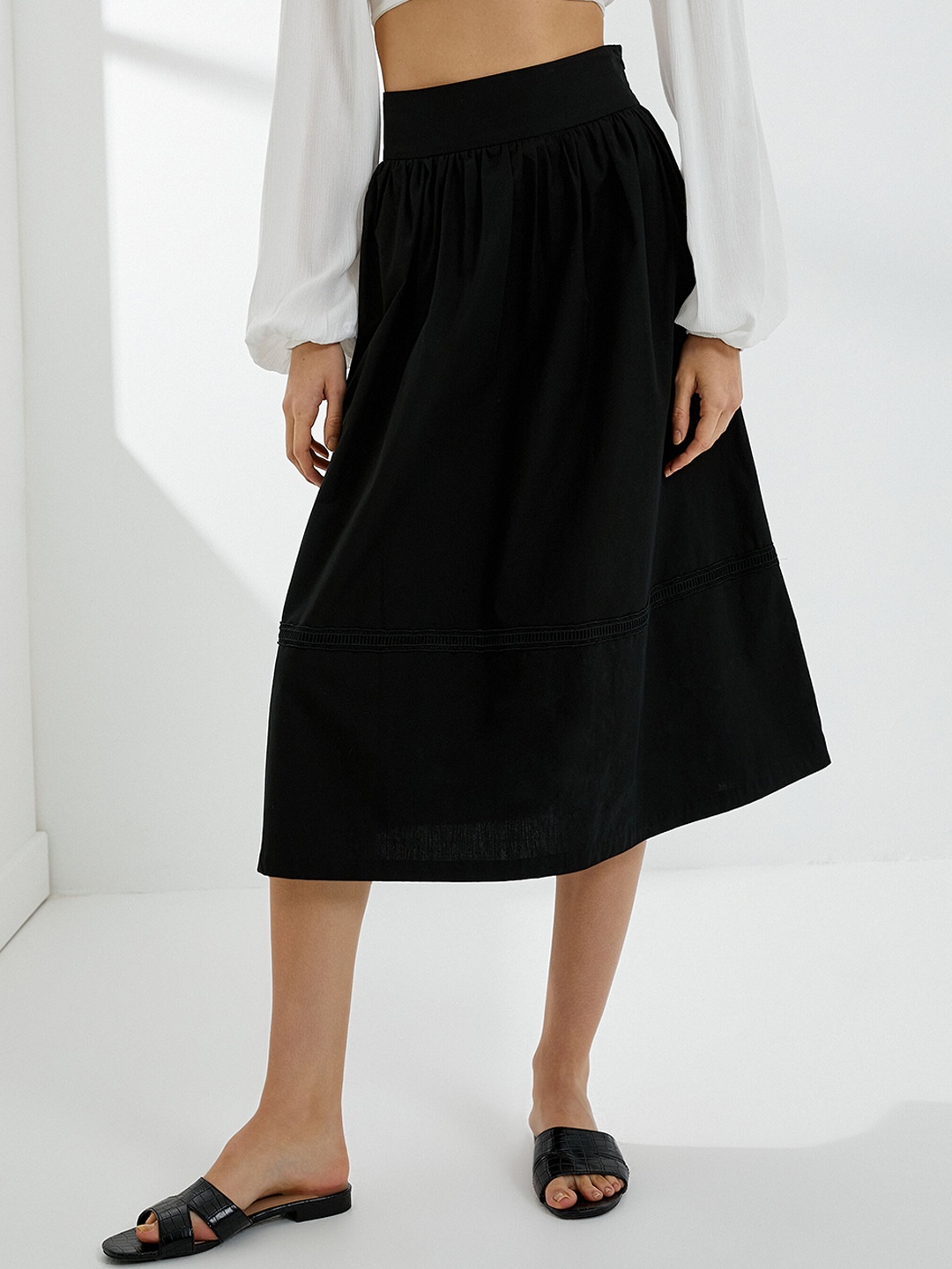 

Koton Pure Cotton Flared Midi Skirt, Black