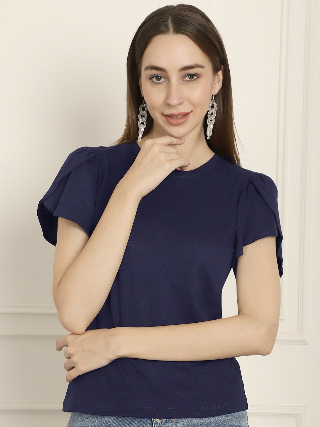 

Dressitude Round Neck Flared Sleeves Pure Cotton Top, Navy blue