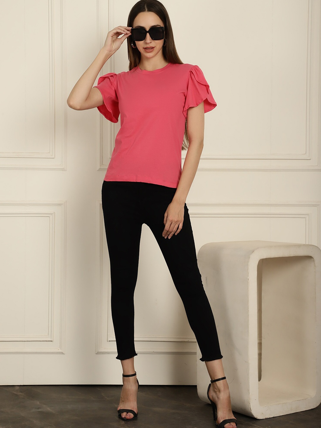 

Dressitude Round Neck Flared Sleeves Pure Cotton Top, Pink