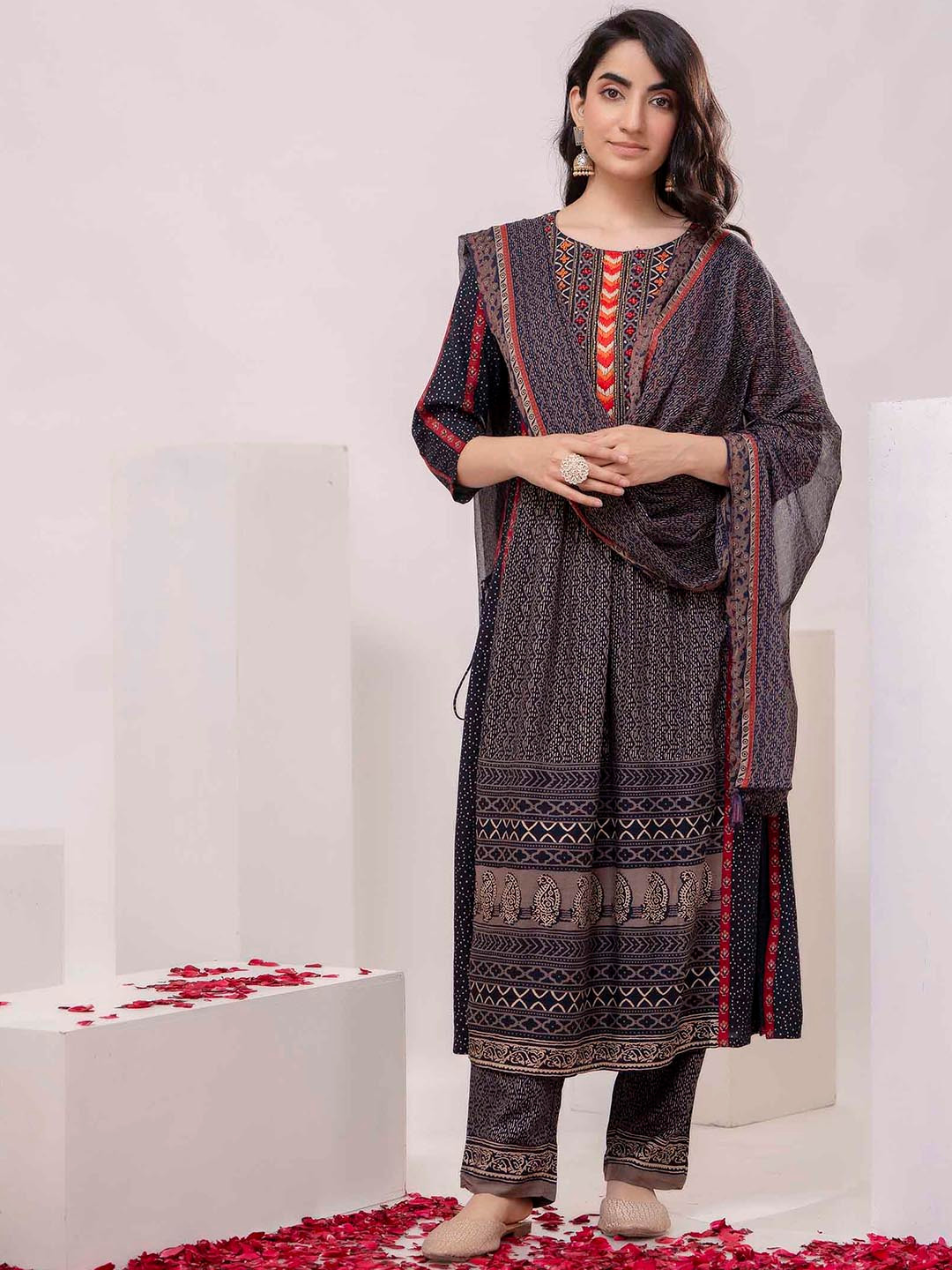 

KALINI Floral Printed Thread Work Kurta with Trousers & Dupatta, Black