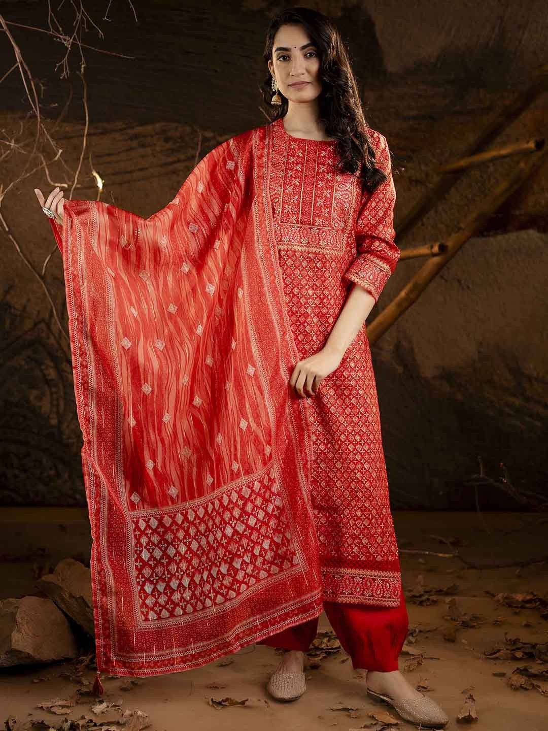 

KALINI Geometric Printed Sequinned Kurta with Salwar & Dupatta, Red