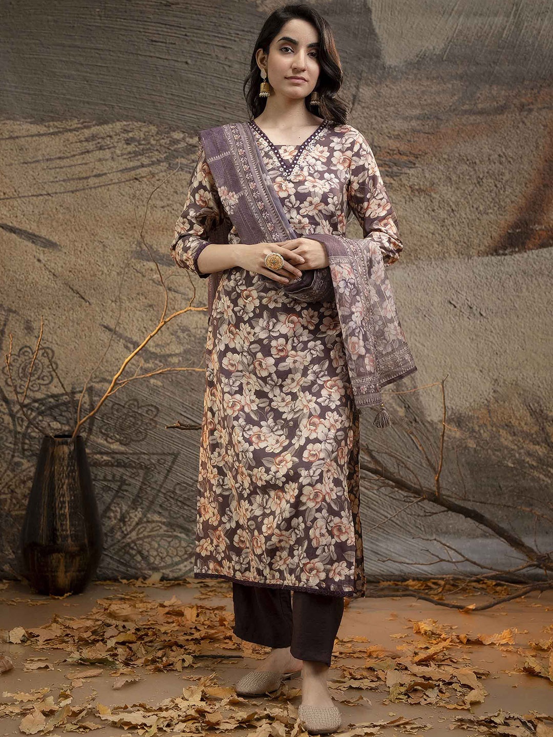 

KALINI Floral Printed Kurta With Trousers & Dupatta, Purple