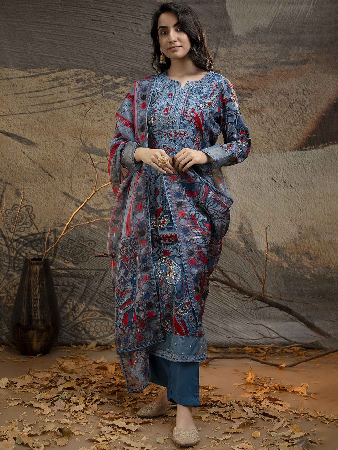 

KALINI Floral Printed Sequinned Kurta With Trousers & Dupatta, Blue