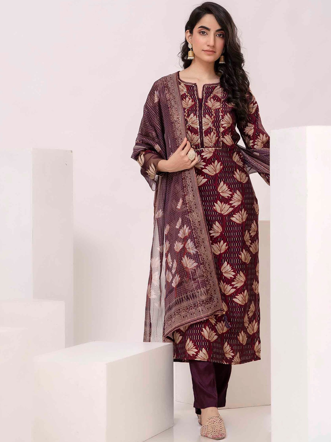 

KALINI Floral Printed Sequinned Kurta with Trousers & Dupatta, Purple