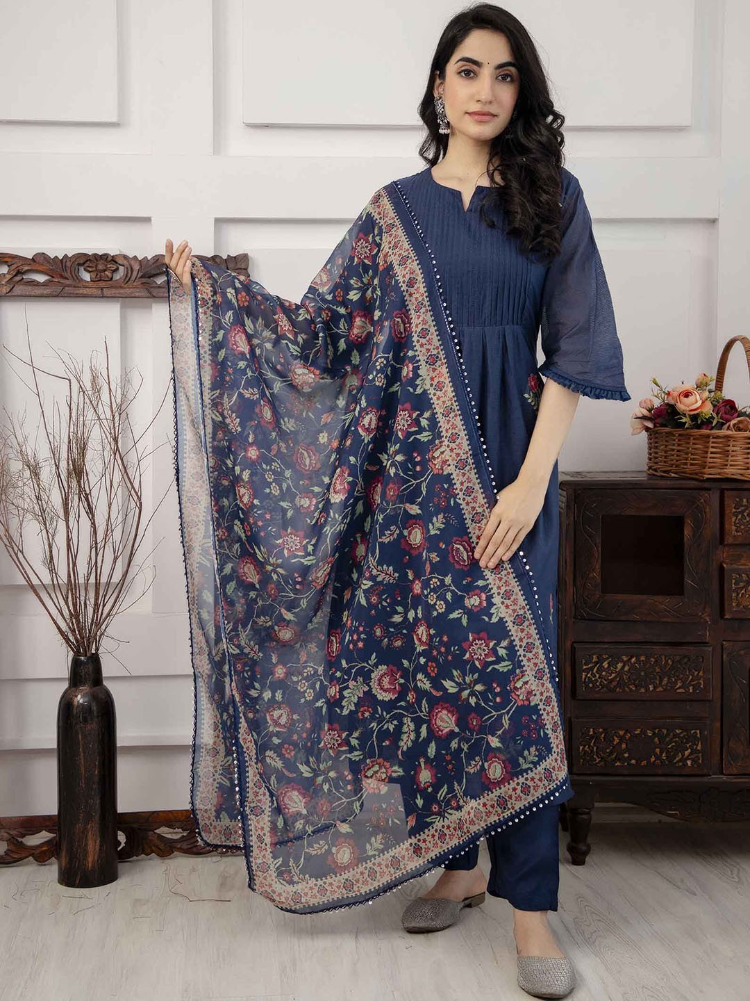 

KALINI Ethnic motifs Embroidered Thread Work Chanderi Cotton Kurta With Trousers & Dupatta, Navy blue