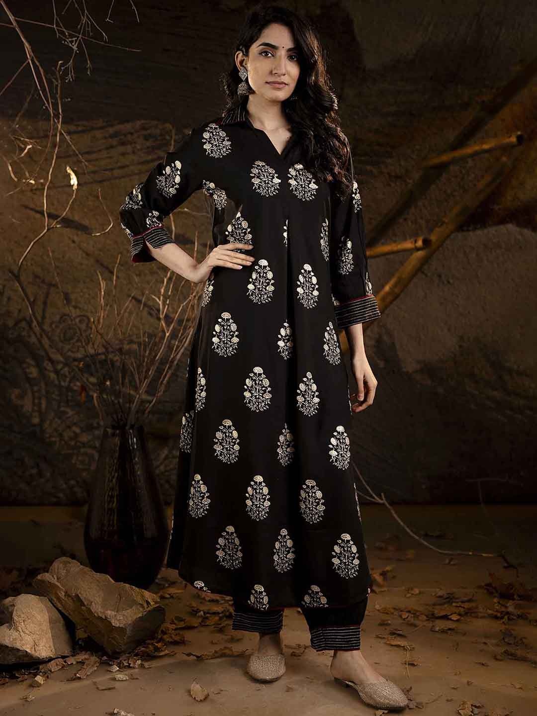 

KALINI Ethnic Motifs Printed Regular Sequinned Kurta with Salwar, Black