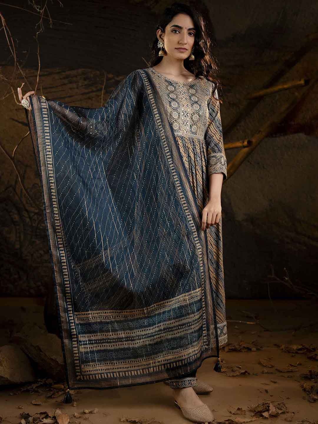 

KALINI Bandhani Printed Thread Work Kurta with Palazzos & With Dupatta, Teal