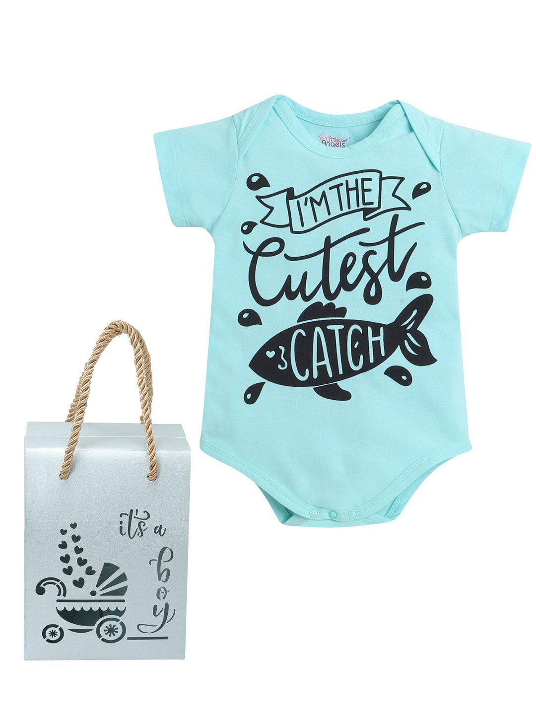 

Little Angels Infants Printed Bodysuit with Gift Box, Turquoise blue