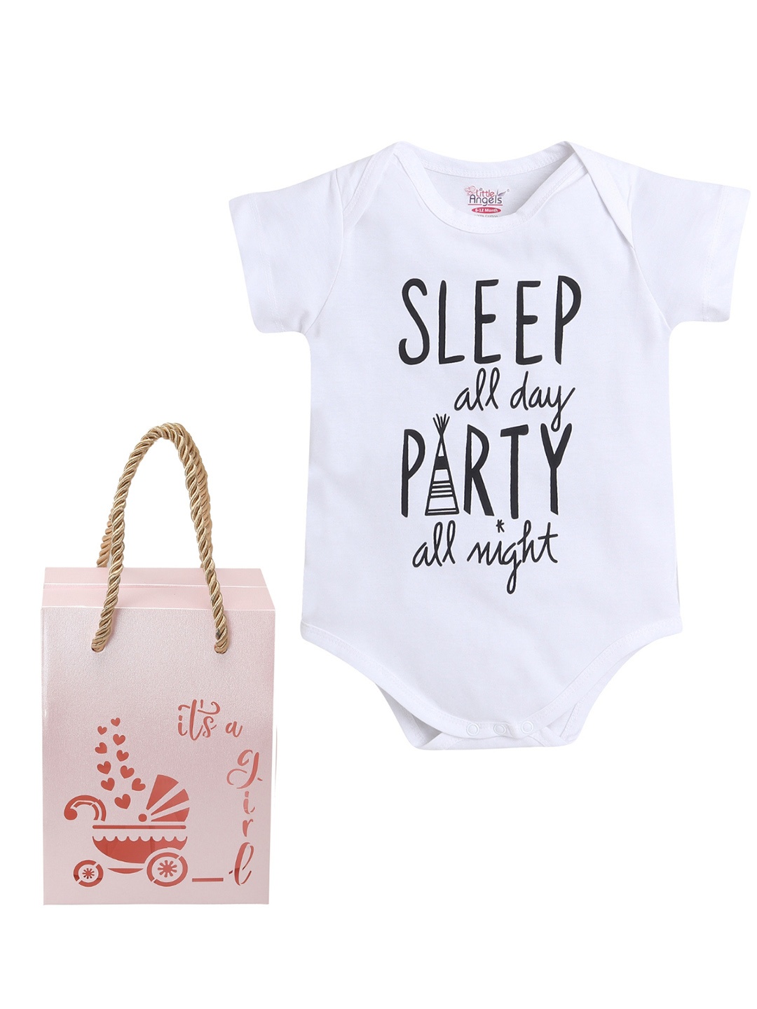 

Little Angels Infants "Sleep All Day Party All Night" Print Bodysuit with Gift Box, White