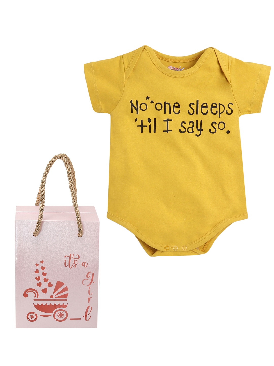Little Angels Girls Typography Printed Bodysuit with Gift Set, Mustard