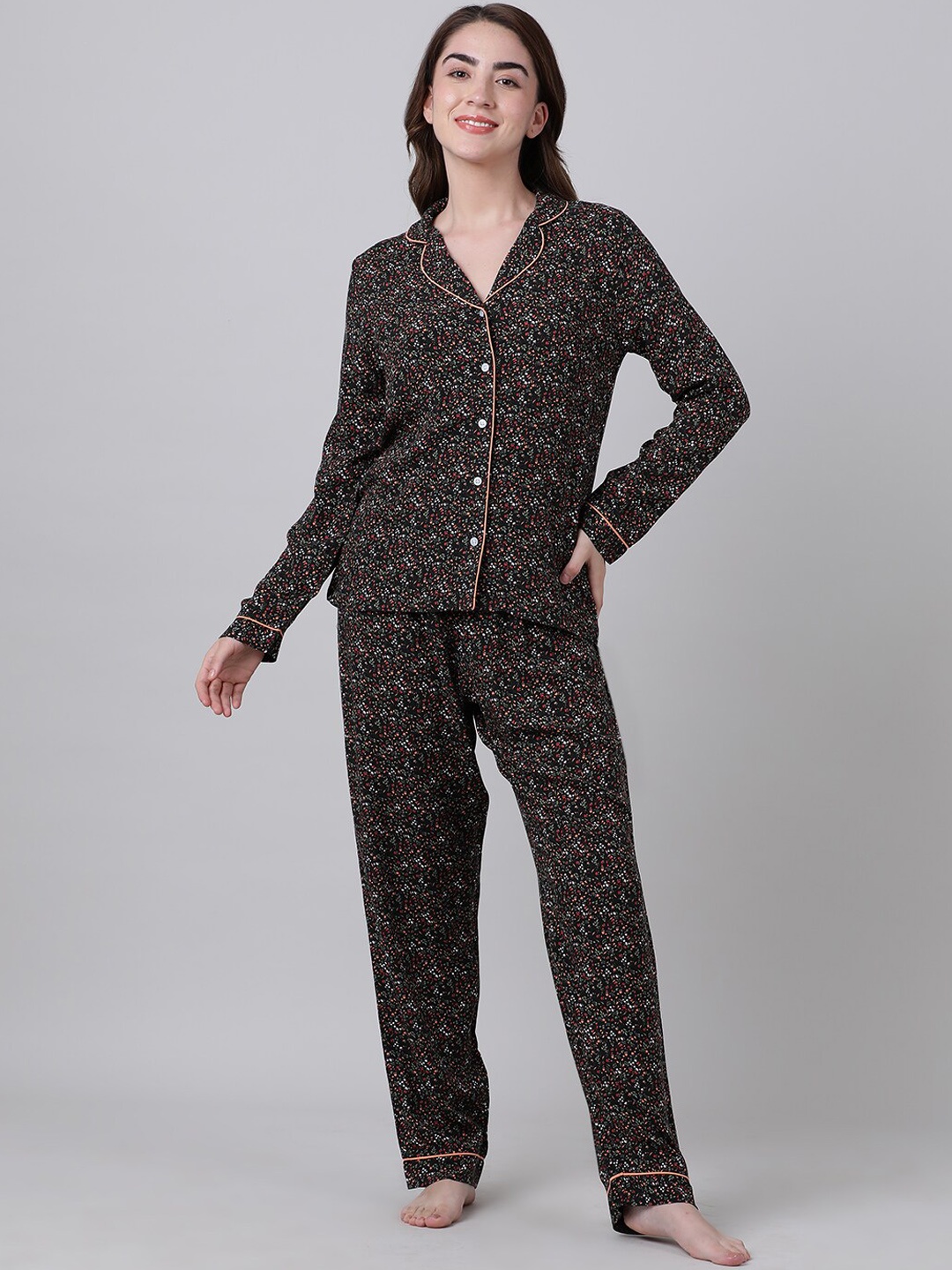 

mackly Floral Printed Lapel Collar Long Sleeves Night suit, Brown