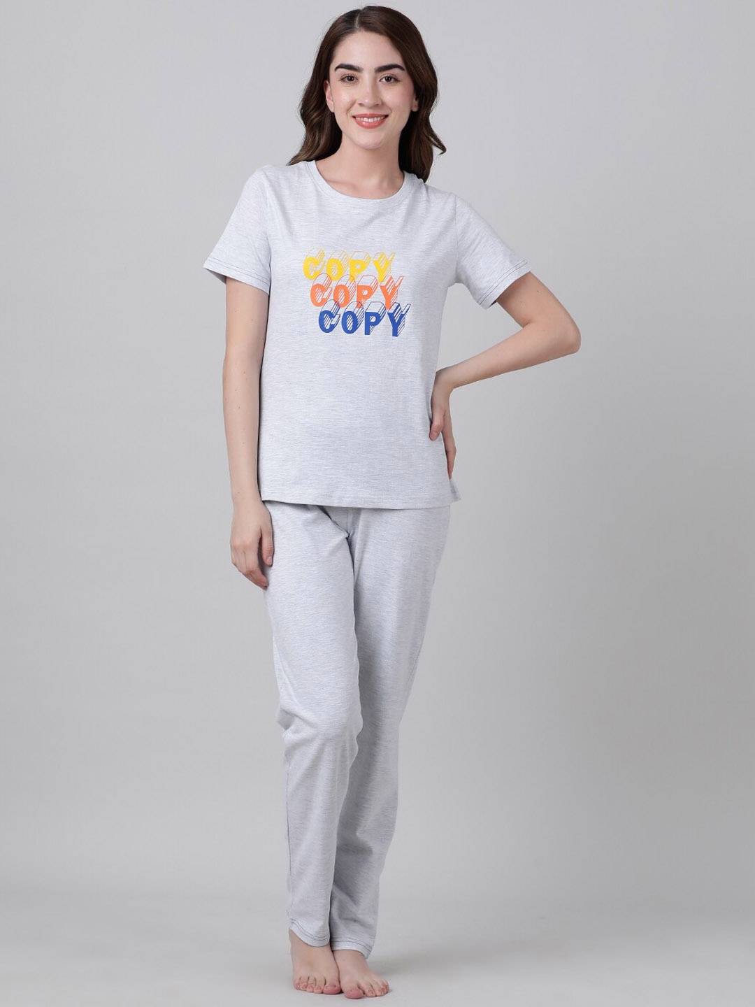 

mackly Typography Printed T-shirt With Pyjamas, Grey melange