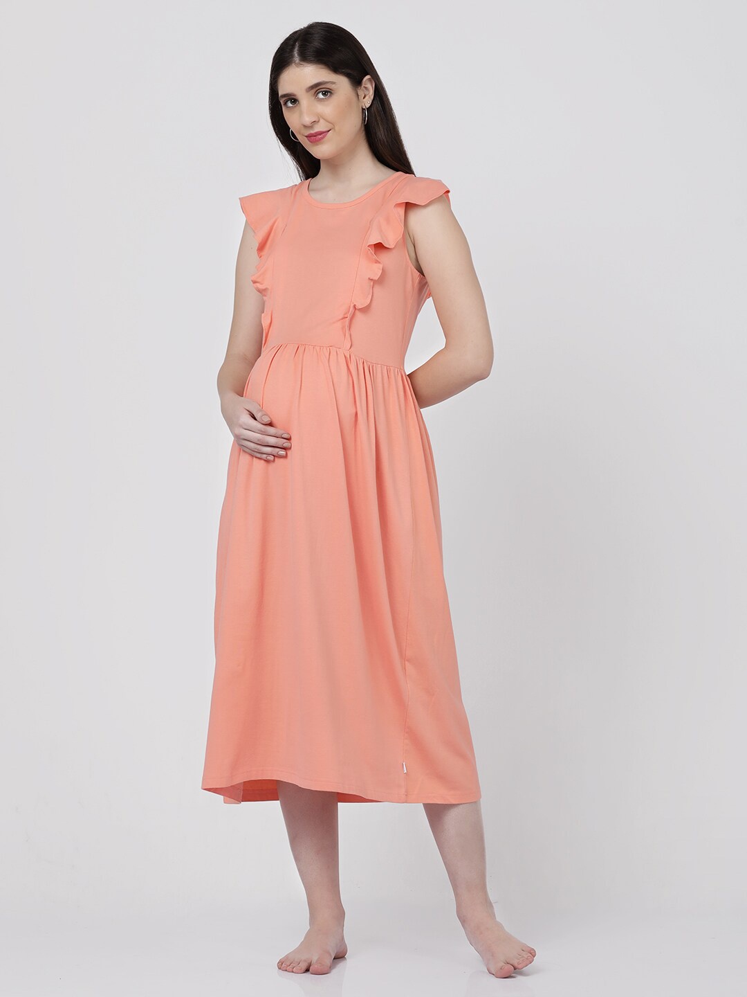 

mackly Flutter Sleeve Pure Cotton Maternity Fit & Flare Midi Dress, Peach
