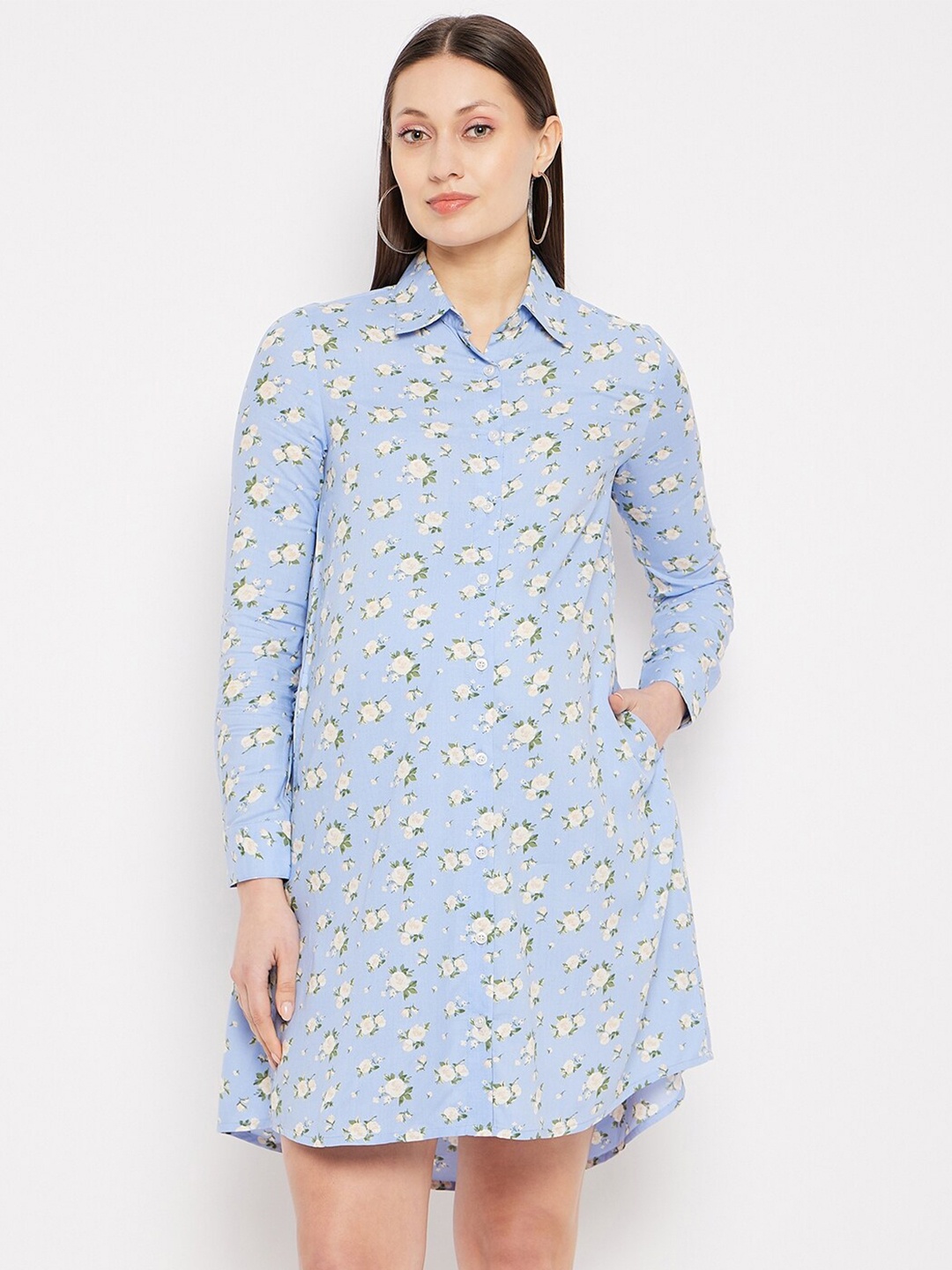 

Hypernation Floral Printed Shirt Collar Cuffed Sleeves Maternity Shirt Dress, Blue