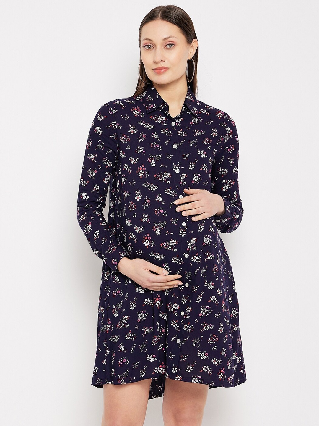 

Hypernation Floral Printed Shirt Collar Cuffed Sleeves Maternity Shirt Dress, Navy blue