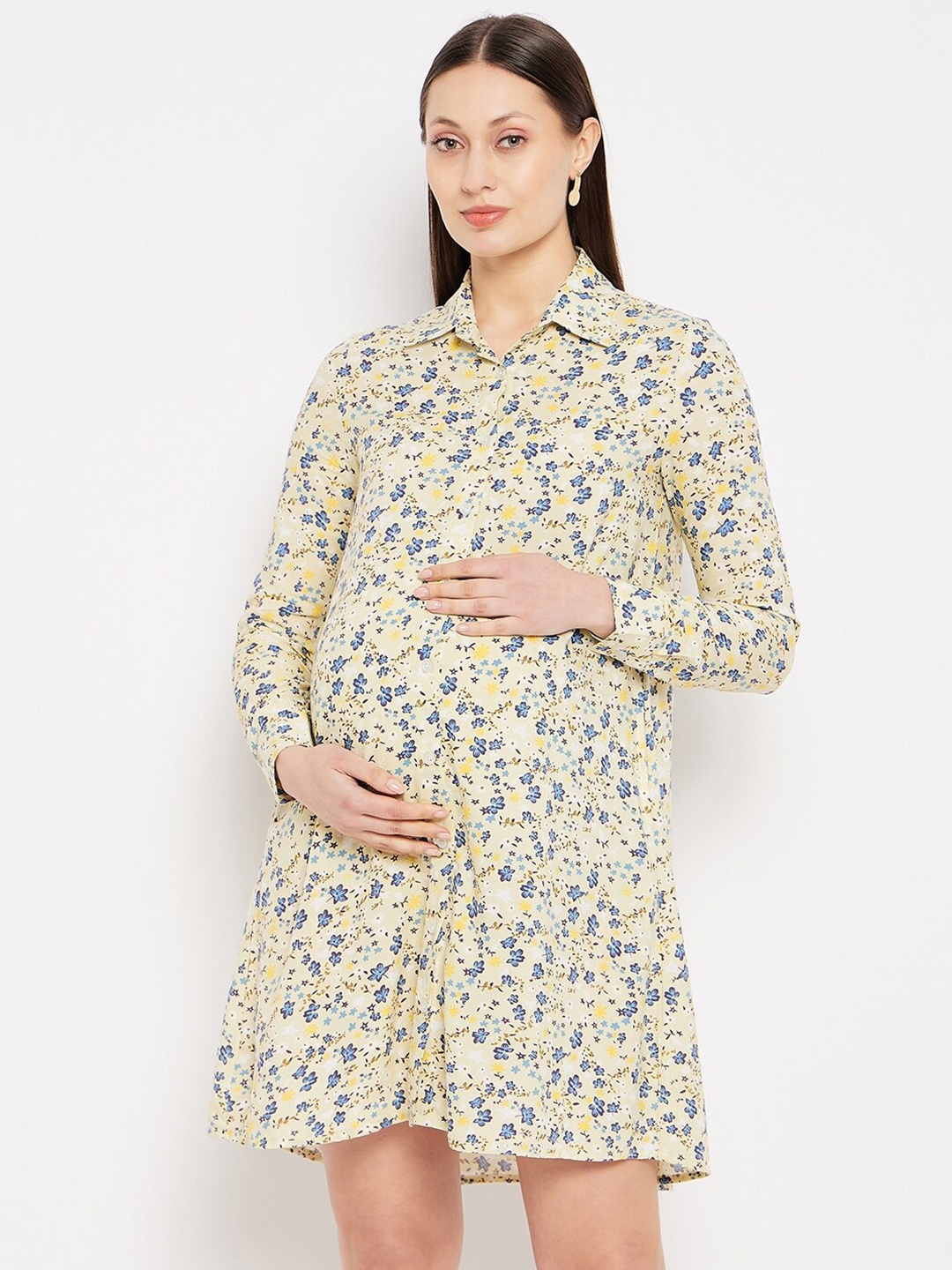 

Hypernation Floral Printed Shirt Collar Cuffed Sleeves Maternity Shirt Dress, Yellow