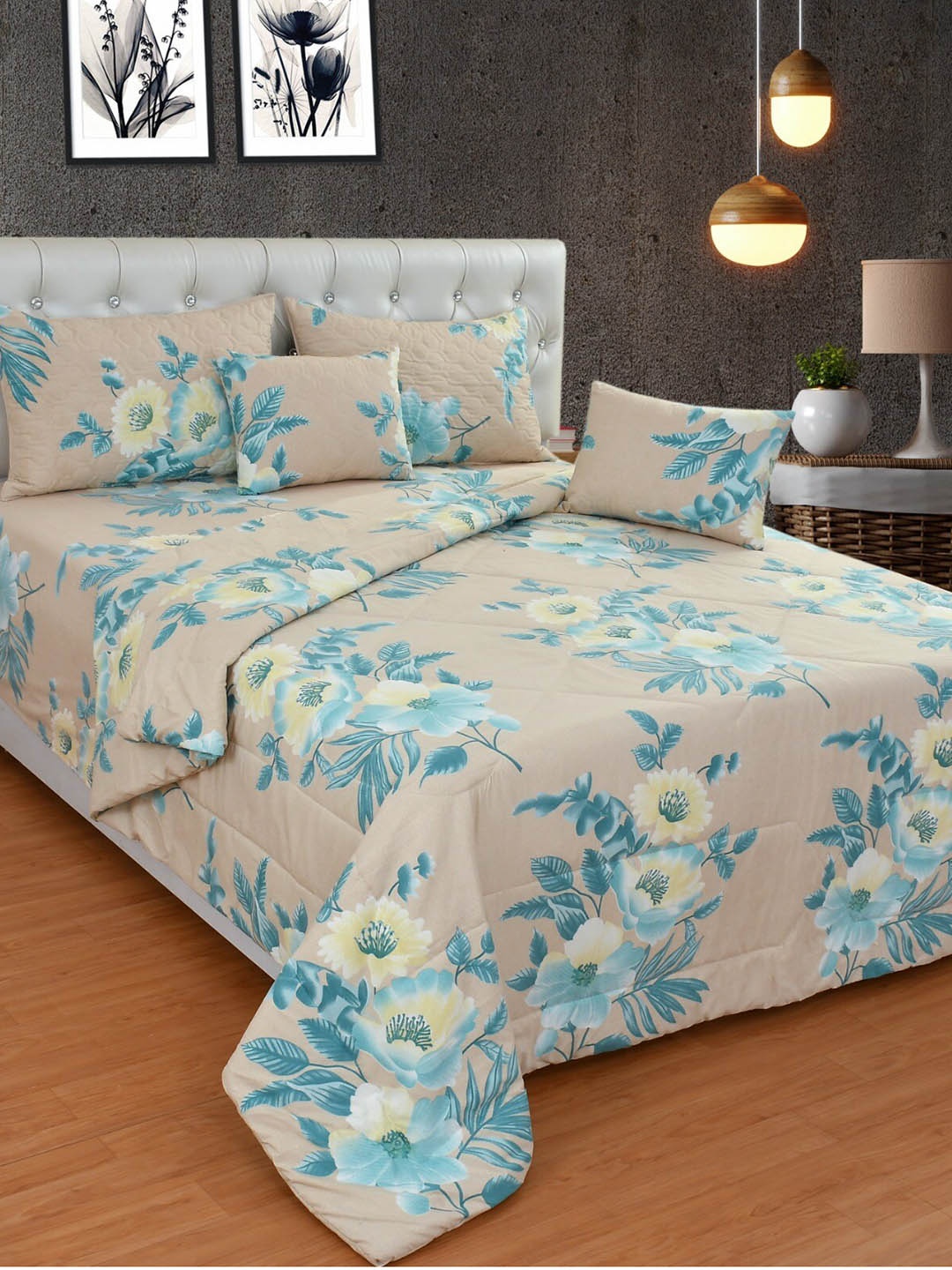 

Nivasam Beige & Blue Floral Cotton Double King Superfine Bedding Set