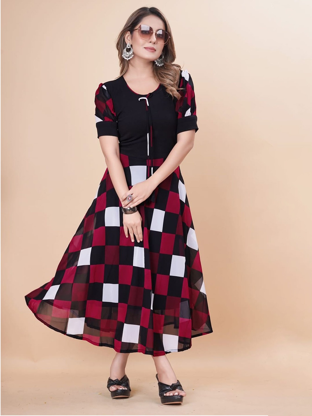 

BAESD Geometric Printed Georgette Fit & Flare Midi Dress, Black
