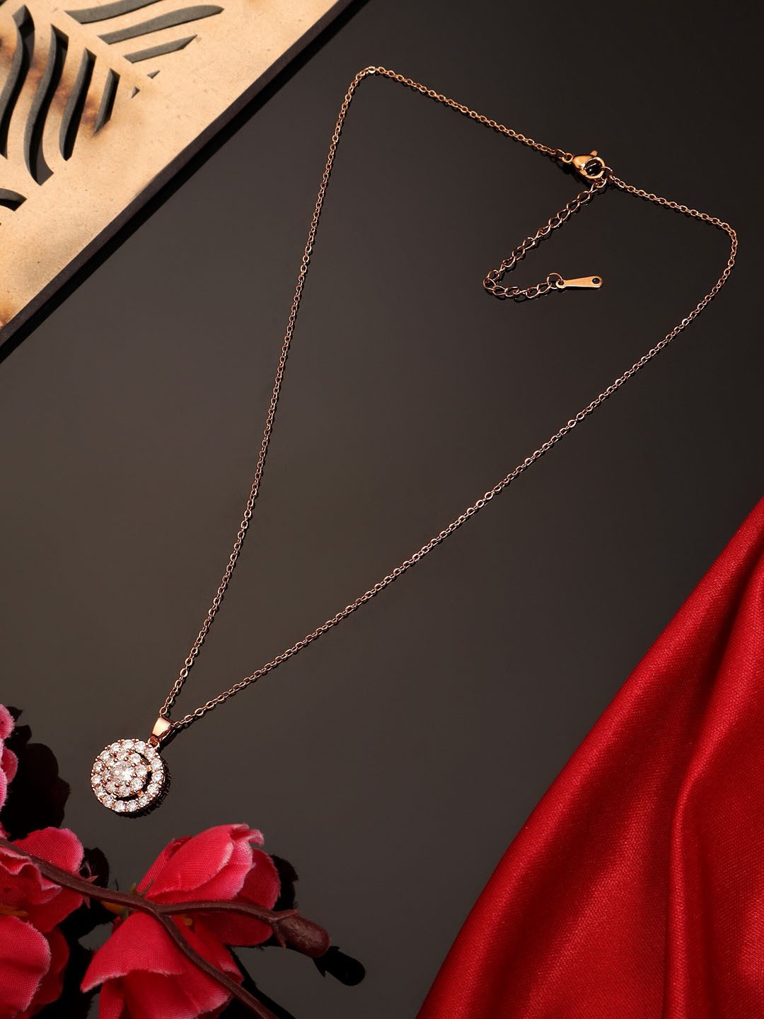 

AARSHVI Rose Gold Plated Cubic Zirconia Studded Circular Pendants with Chains
