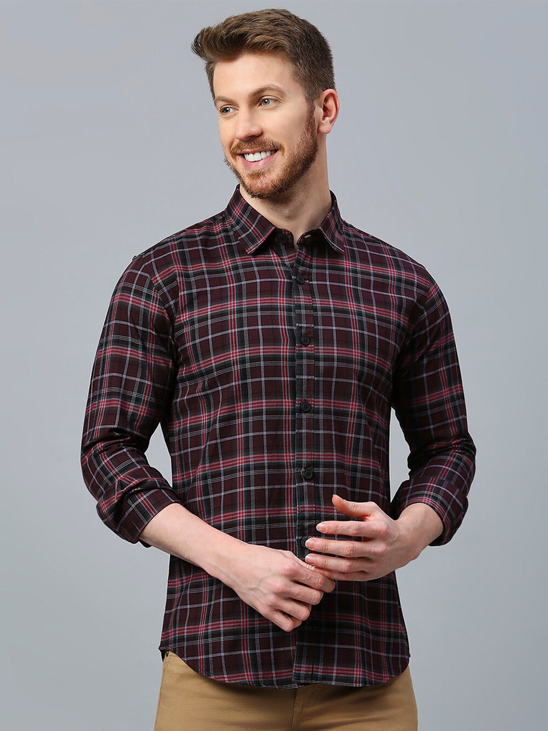 

DEZANO Classic Tartan Checked Cotton Casual Shirt, Maroon