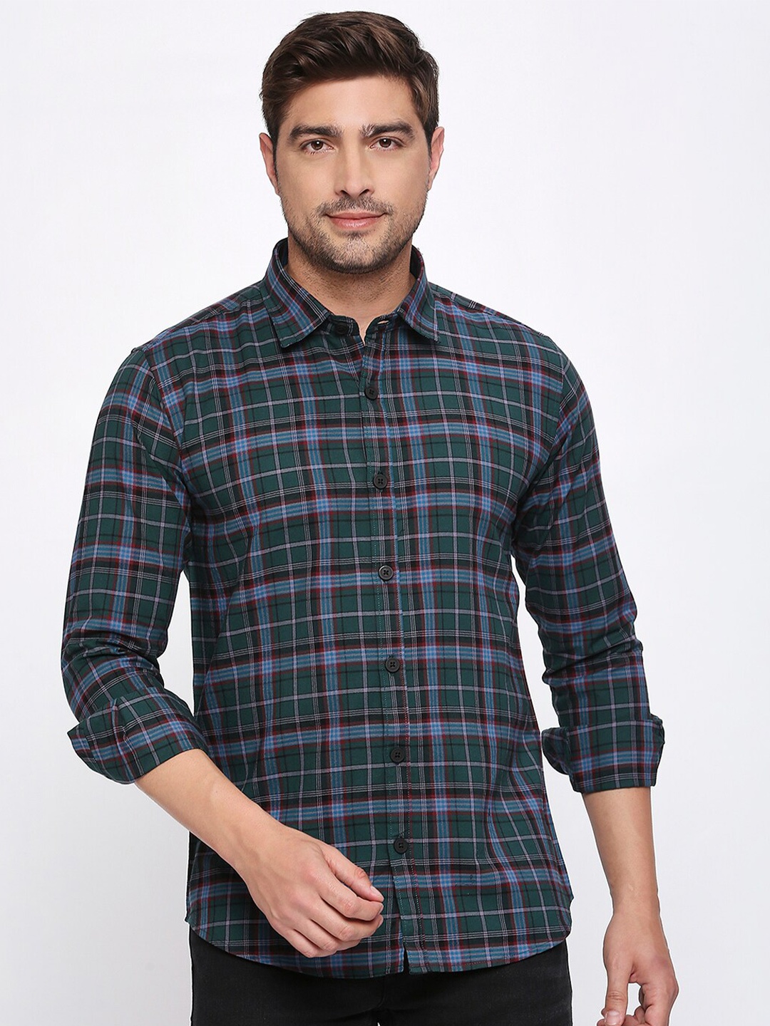 

DEZANO Classic Tartan Checked Cotton Casual Shirt, Green