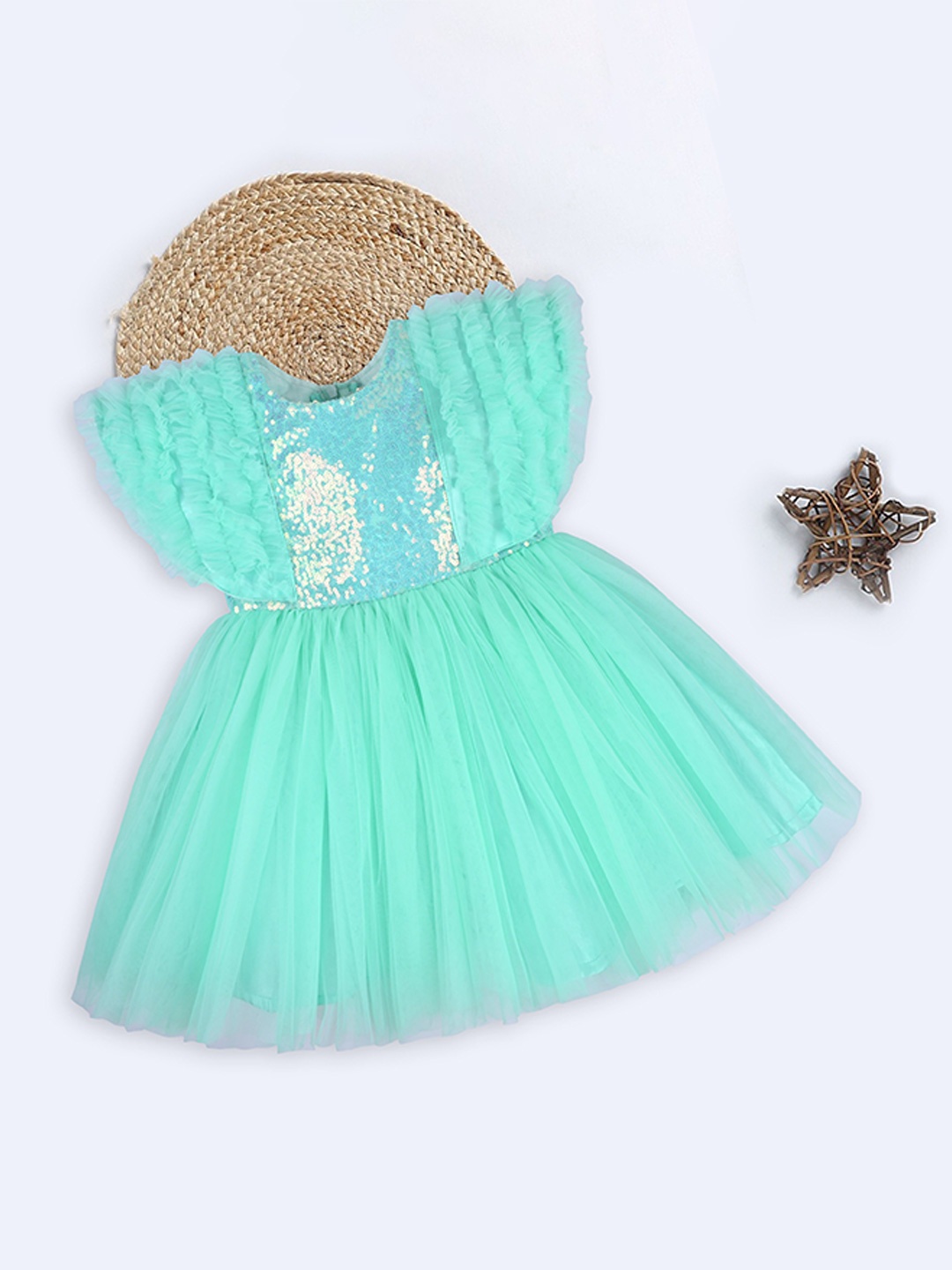 

Wish Karo Girls Embellished Flutter Sleeves Sequinned Georgette Net Fit & Flare Dress, Sea green