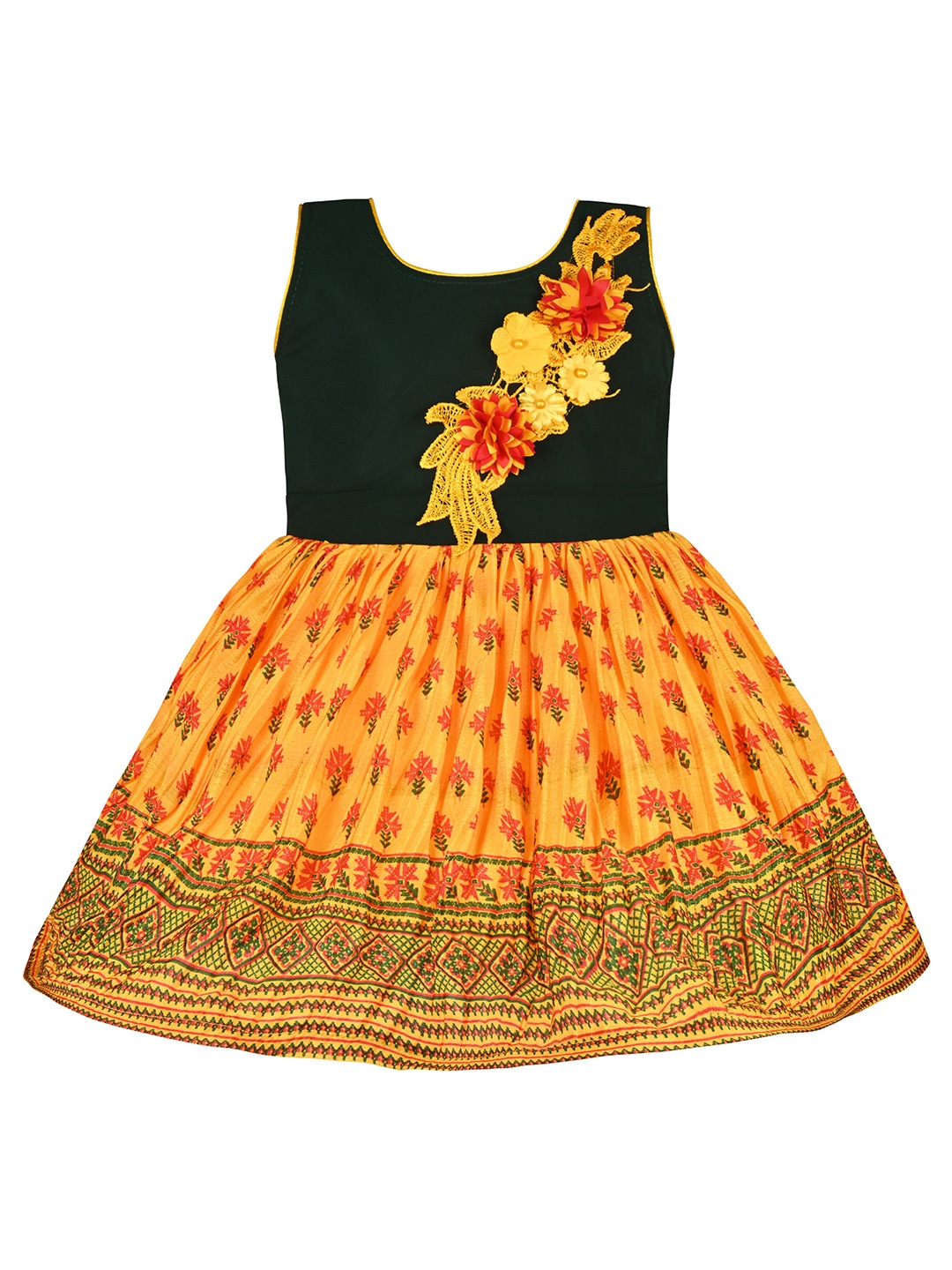 

Wish Karo Girls Floral Printed Satin Fit & Flare Dress, Yellow