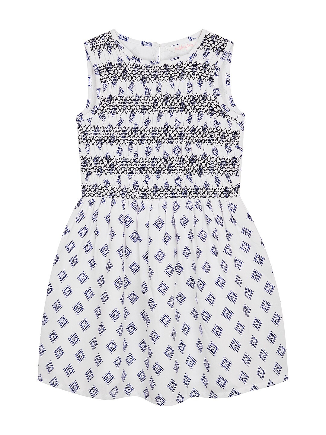 

Budding Bees Girls Geometric Printed Smocked Georgette Fit & Flare Dress, White