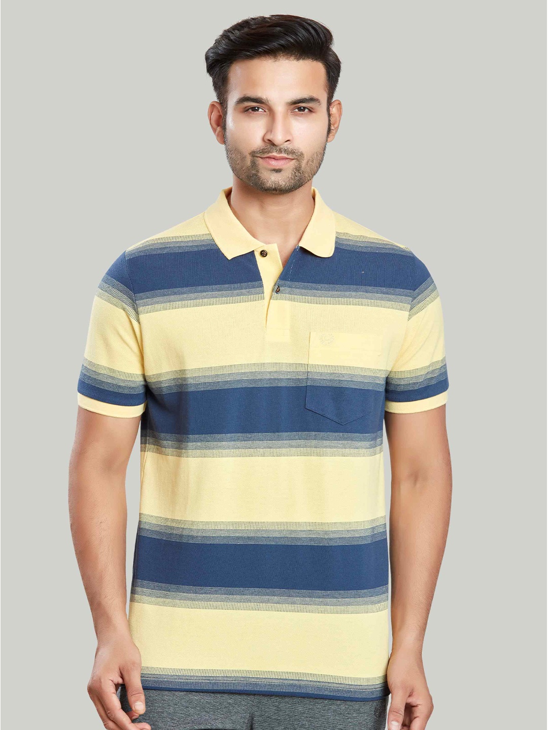 

CELSIUS Men Striped Polo Collar Pockets T-shirt, Yellow