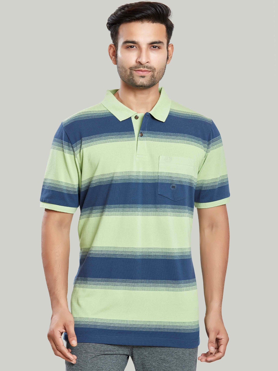 

CELSIUS Striped Polo Collar Pockets T-shirt, Green