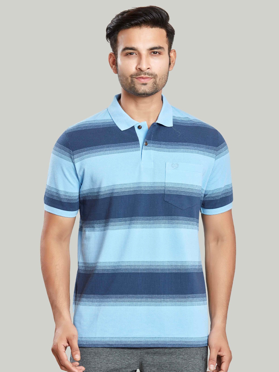 

CELSIUS Men Striped Polo Collar Pockets T-shirt, Blue