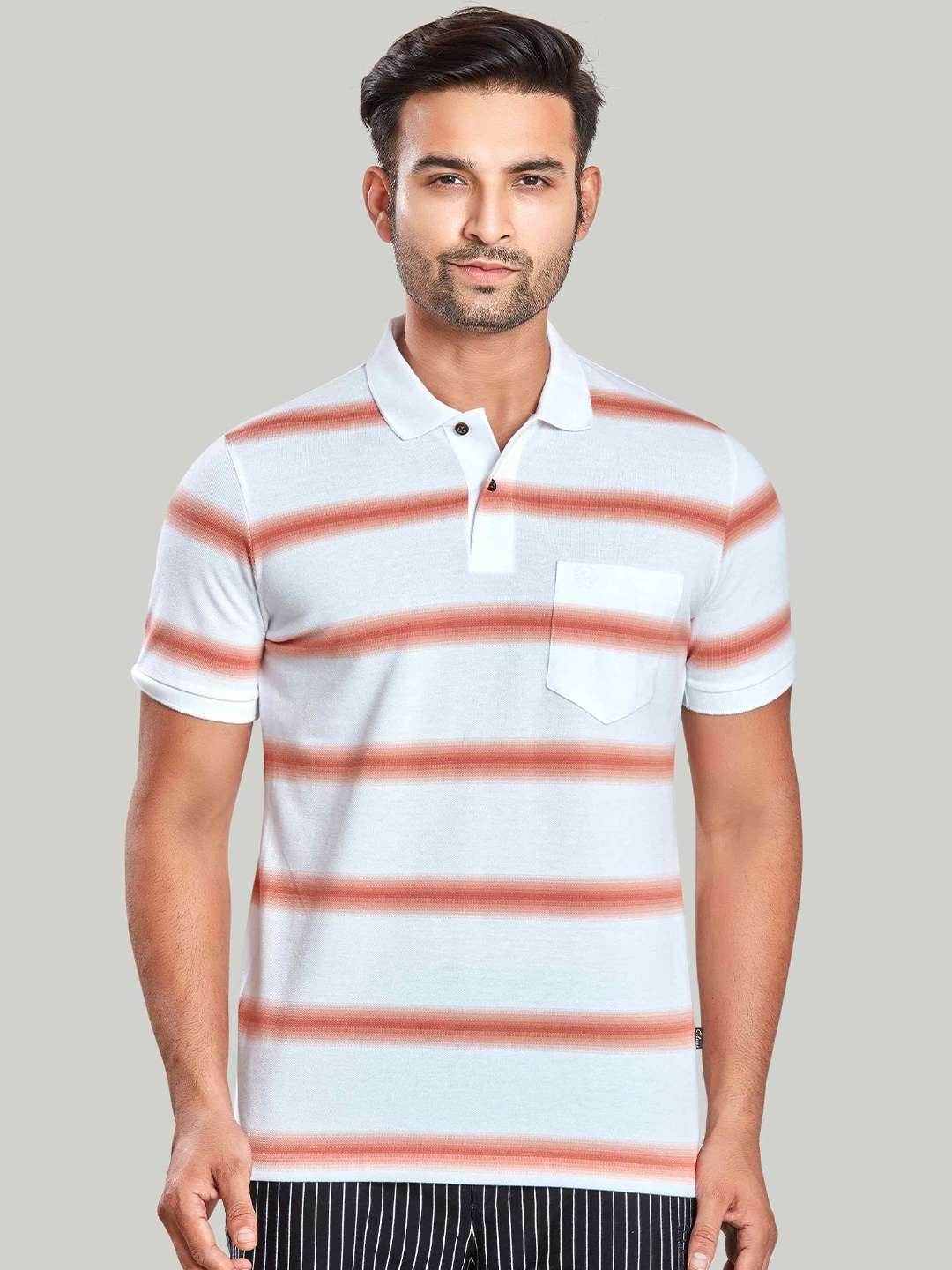 

CELSIUS Men Striped Polo Collar Pockets T-shirt, Orange