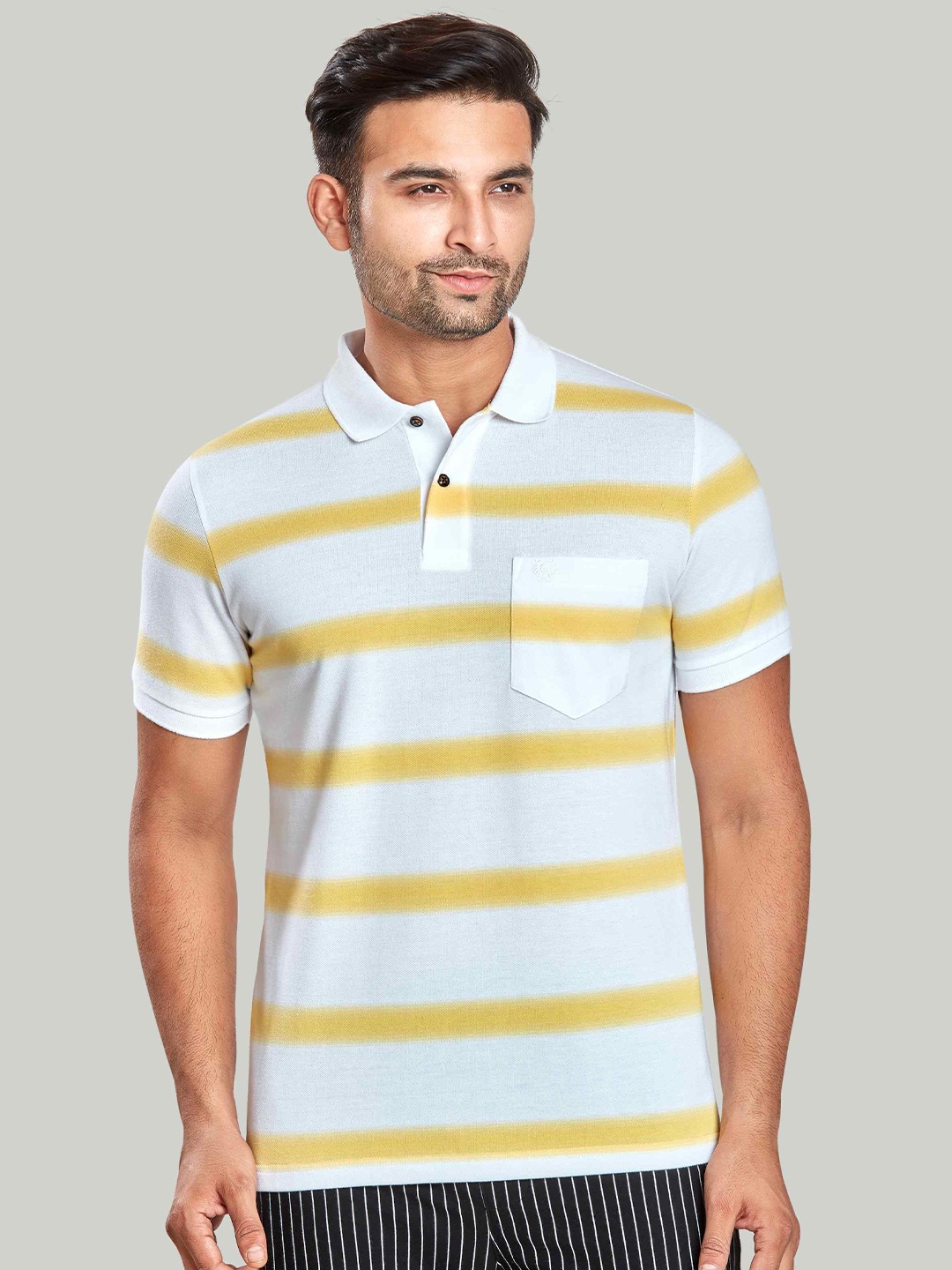 

CELSIUS Striped Polo Collar Pockets T-shirt, Yellow