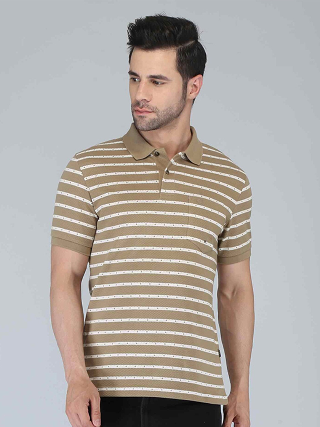 

CELSIUS Men Striped Polo Collar T-shirt, Brown