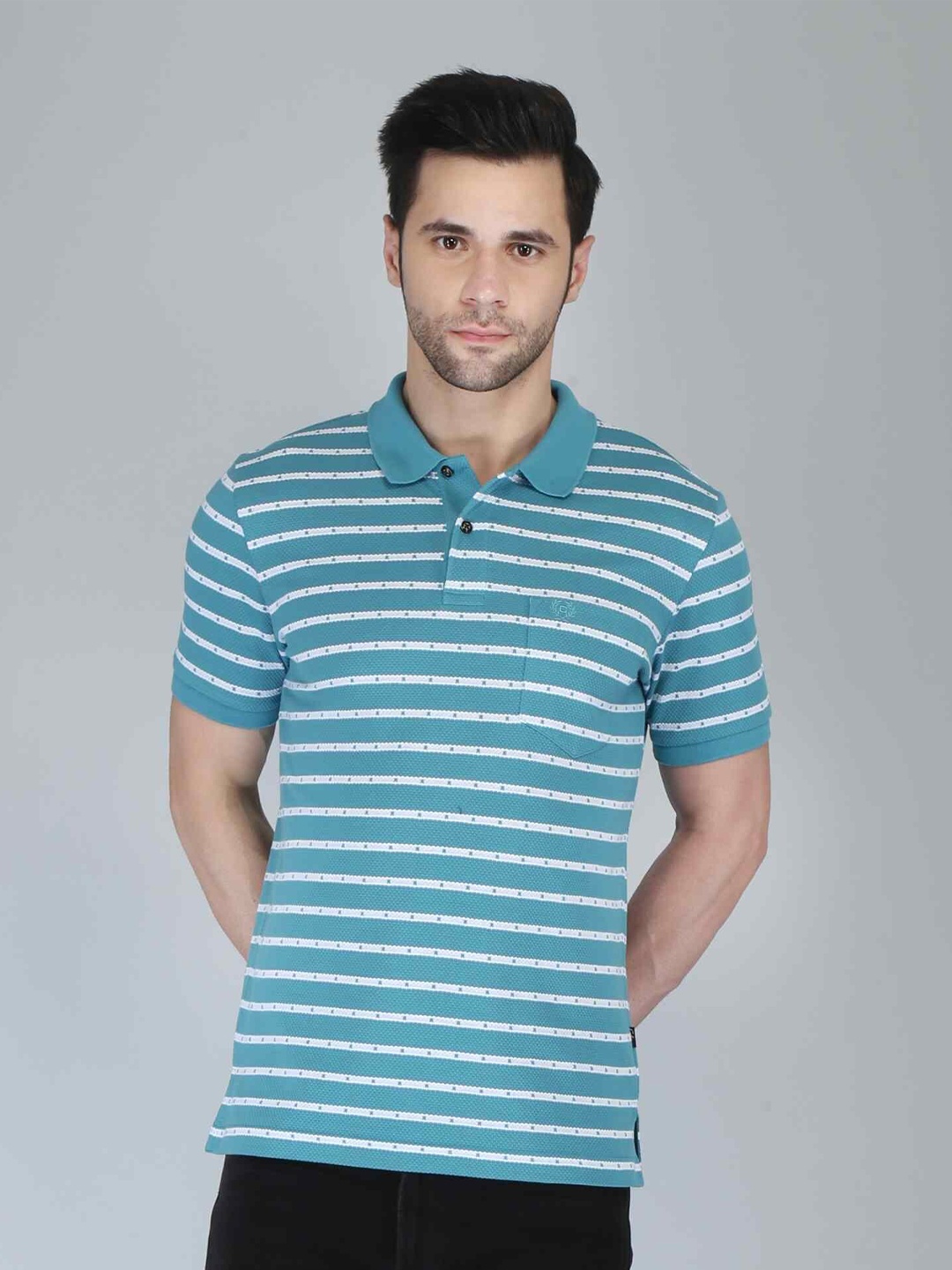 

CELSIUS Men Striped Polo Collar Pockets T-shirt, Turquoise blue