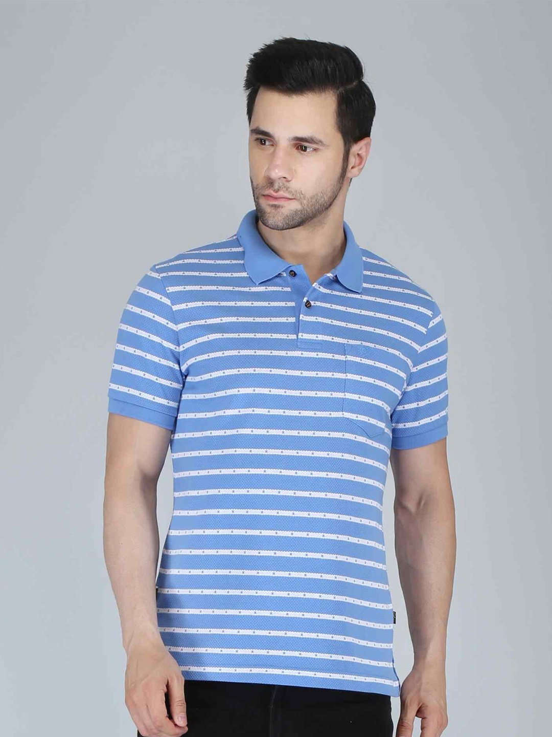 

CELSIUS Men Striped Popcorn Textured Polo Collar Pockets T-shirt, Blue