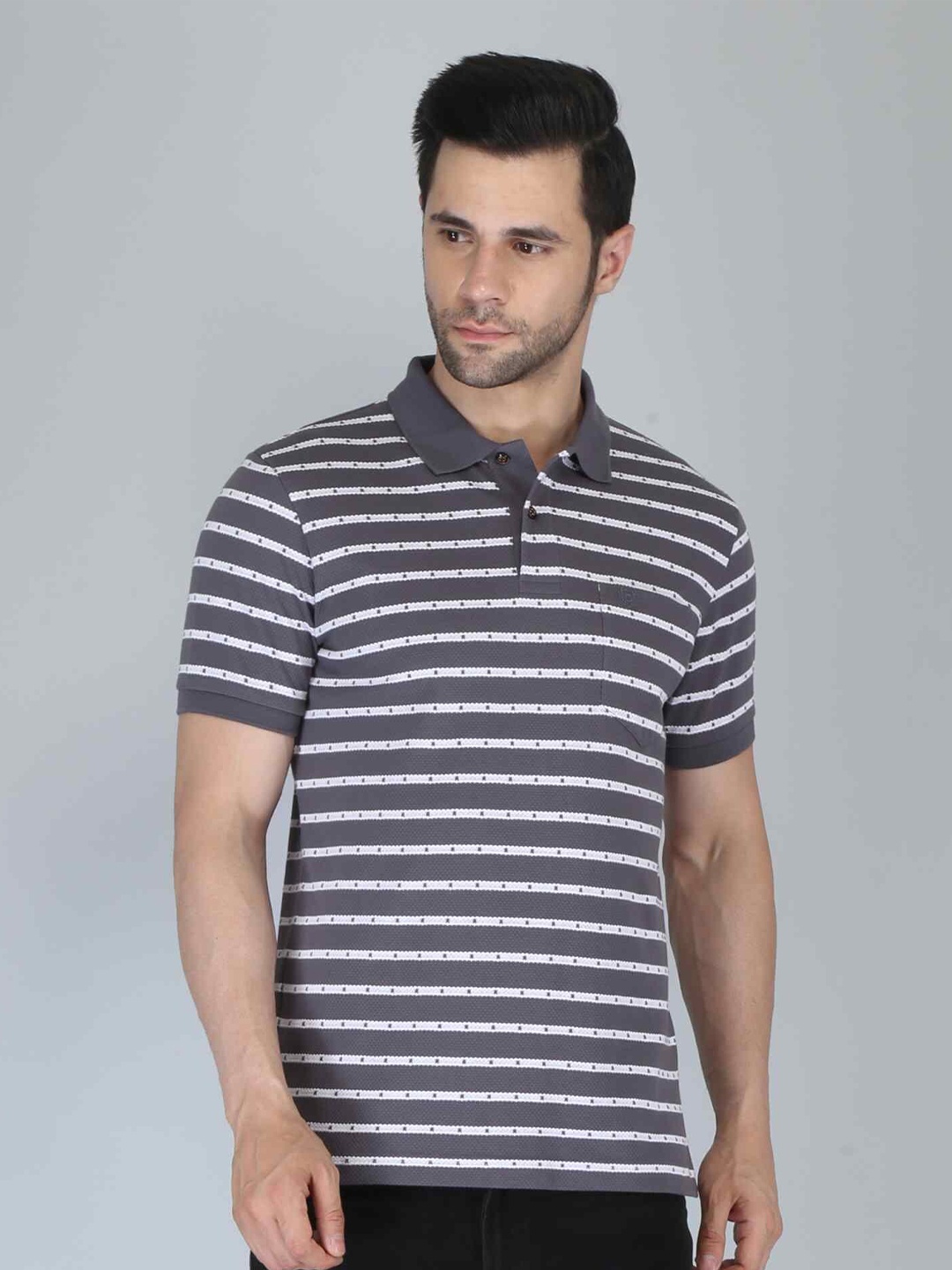 

CELSIUS Men Striped Polo Collar T-shirt, Charcoal