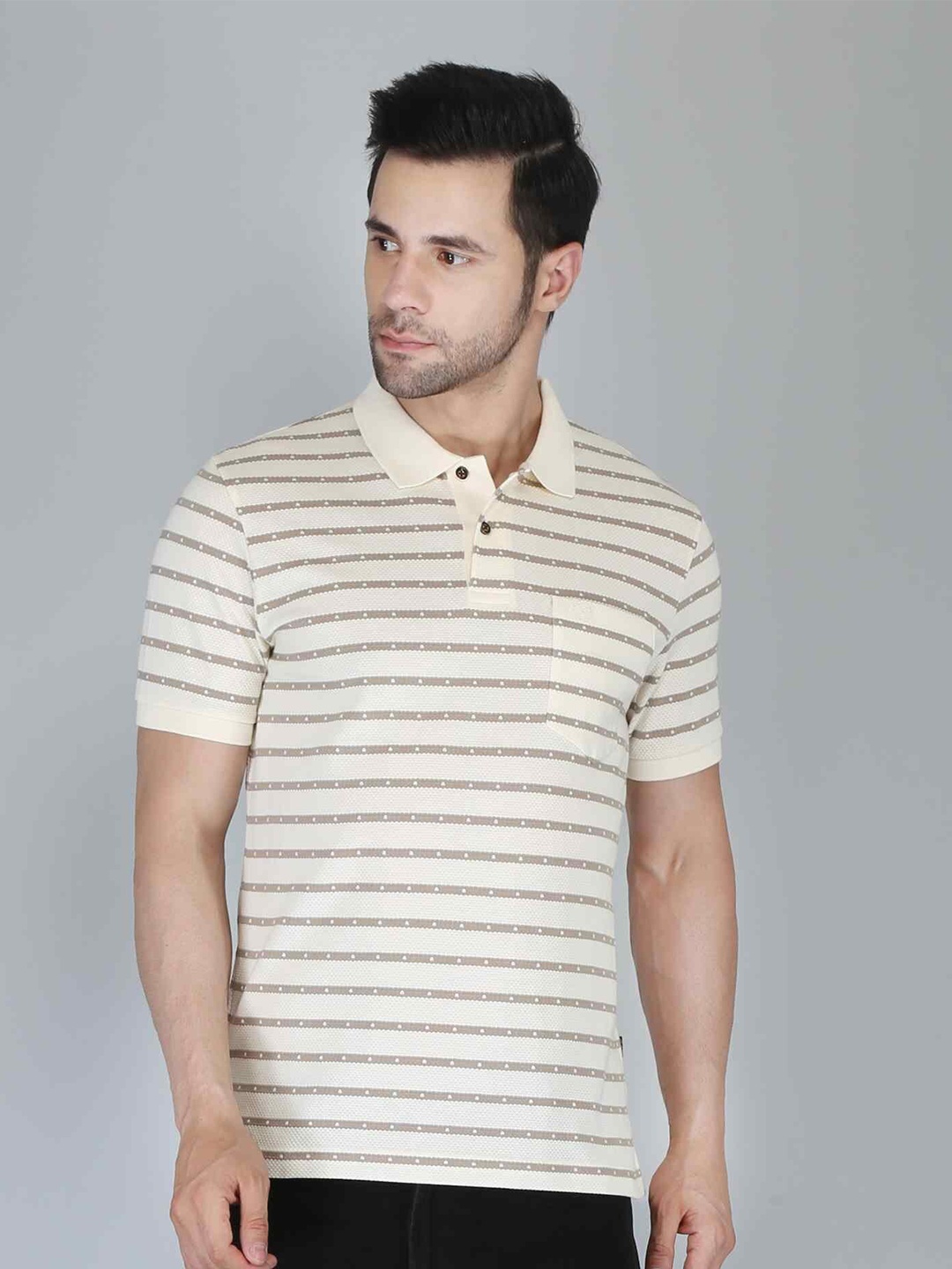 

CELSIUS Striped Polo Collar Short Sleeves T-shirt, Cream