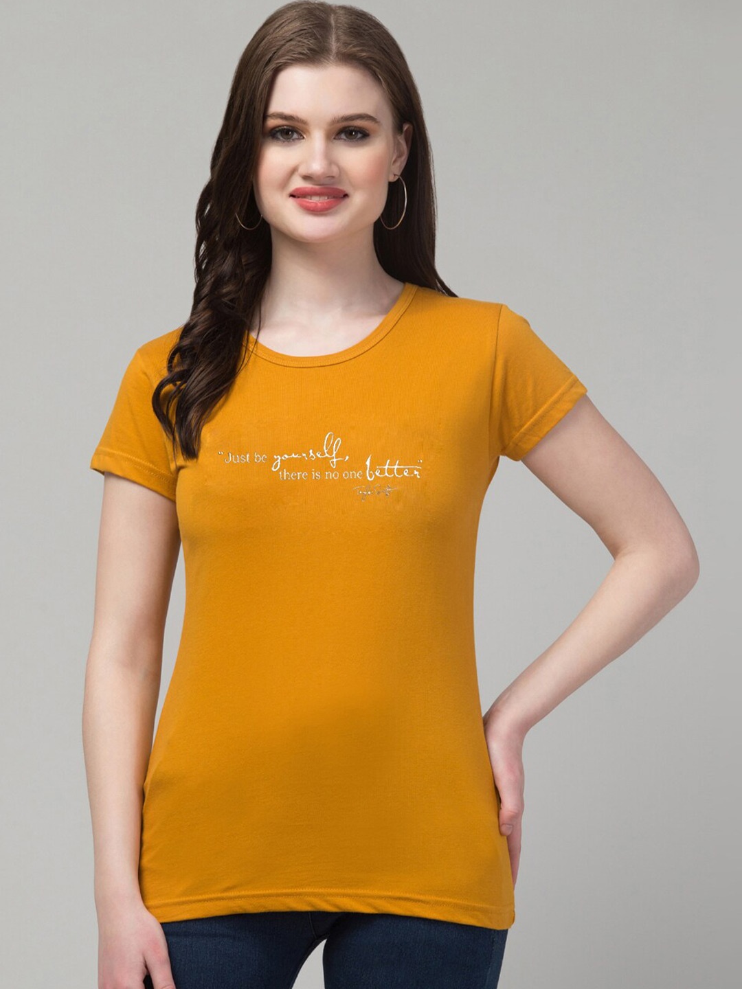 Trend Level Typography Printed Pure Cotton T-shirt, Mustard