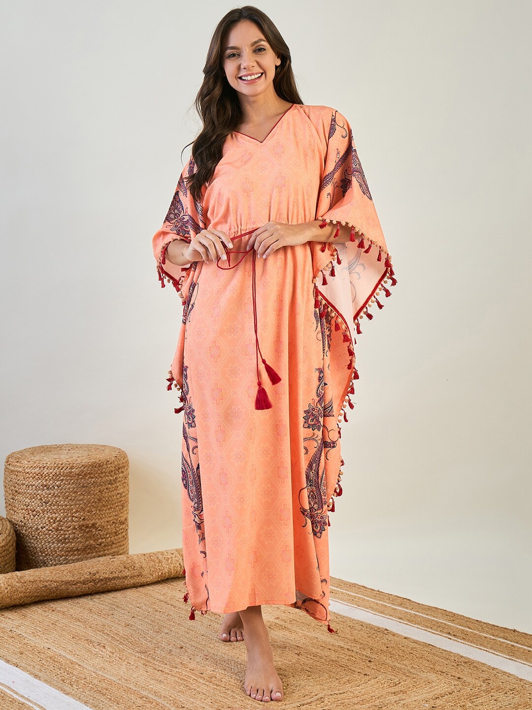 

The Kaftan Company Ethnic Motifs Printed V-Neck Maxi Kaftan Nightdress, Orange
