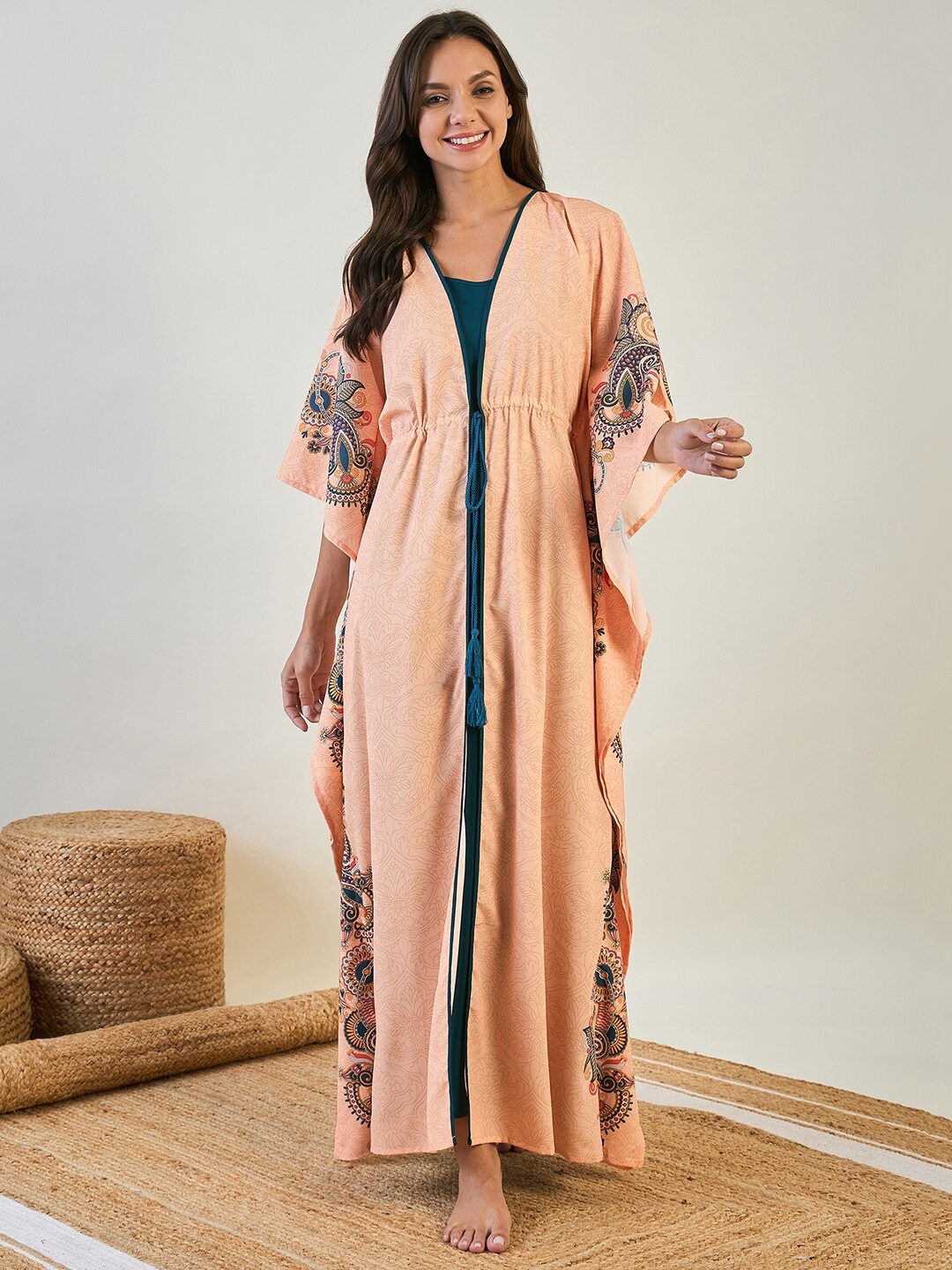 

The Kaftan Company Printed Maxi Kaftan Nightdress & Slip, Peach