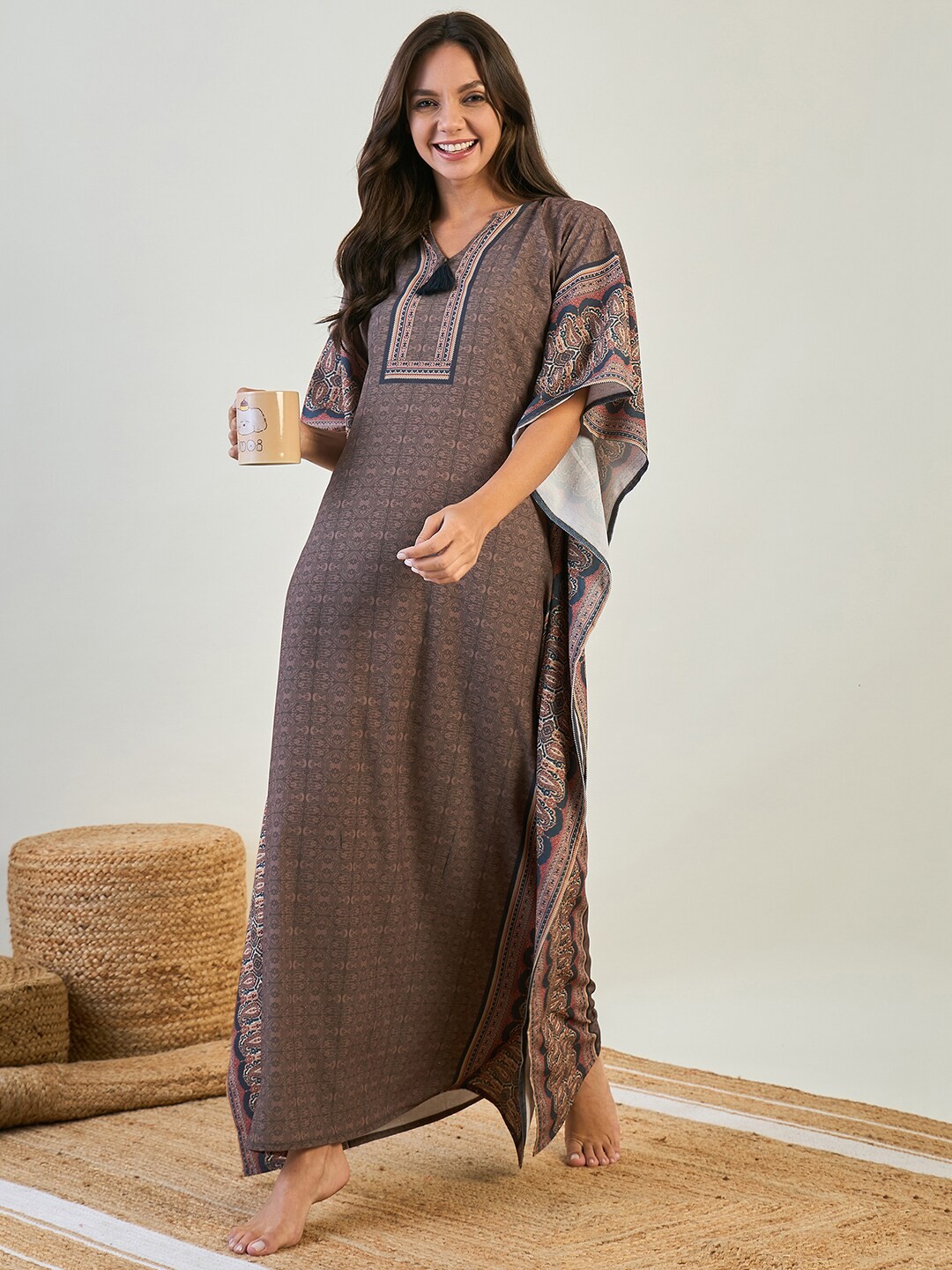 

The Kaftan Company Printed Maxi Kaftan Nightdress, Brown