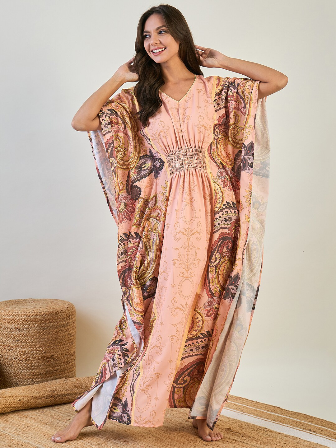 

The Kaftan Company Printed Maxi Kaftan Nightdress, Peach