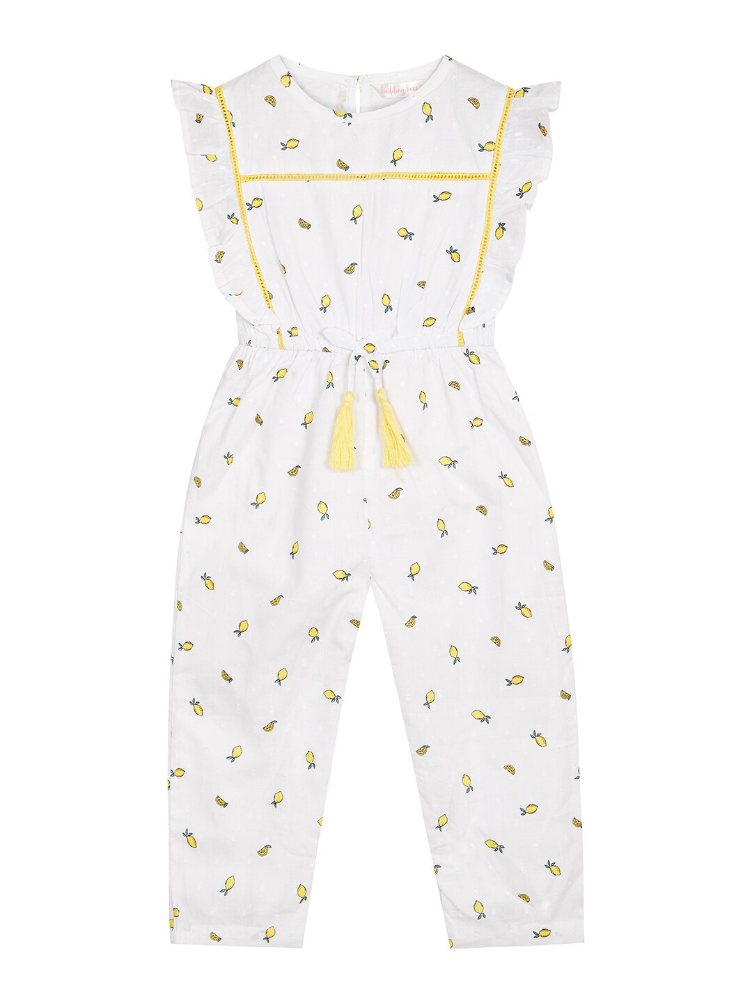 

Budding Bees Girls Printed Waist Tie-Up Detail Basic Jumpsuit, White