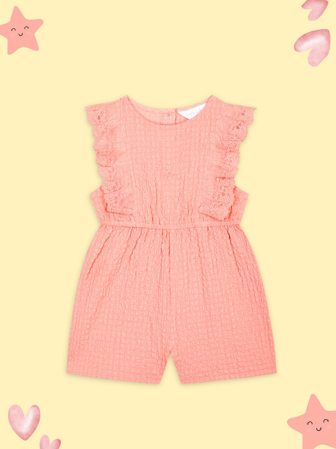 

Budding Bees Girls Self Design Sleeveless Lace Insert Playsuit, Peach