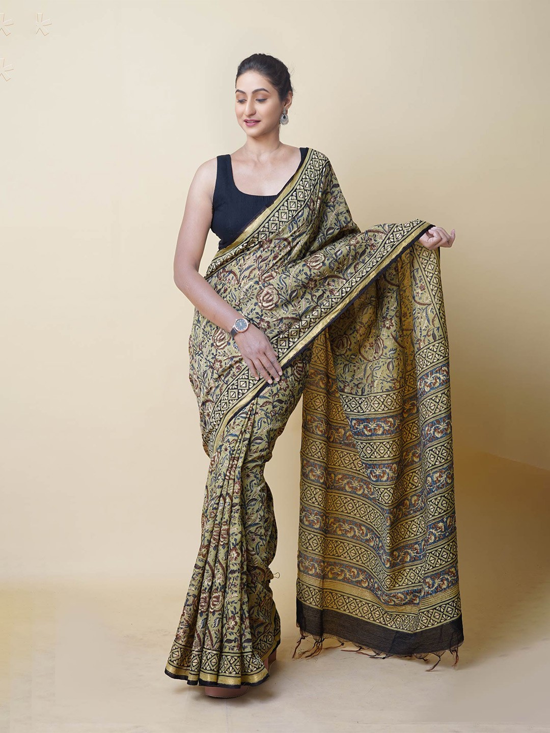 

Unnati Silks Ethnic Motifs Printed Silk Cotton Chanderi Saree, Green