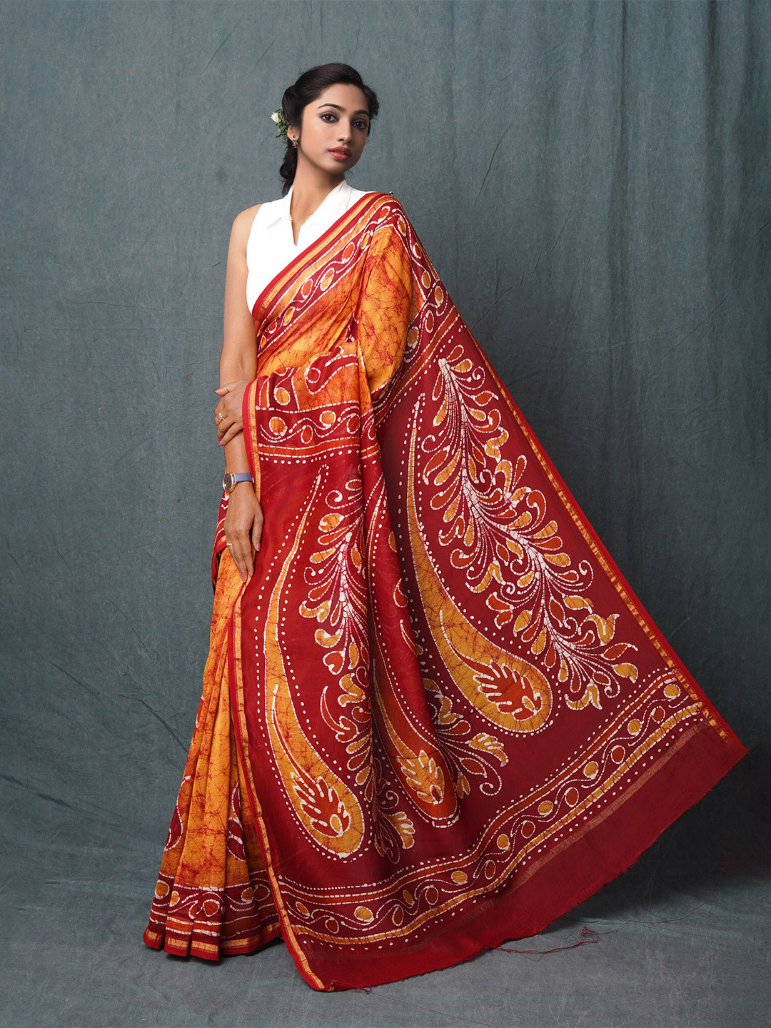 

Unnati Silks Batik Printed Silk Cotton Chanderi Saree, Yellow