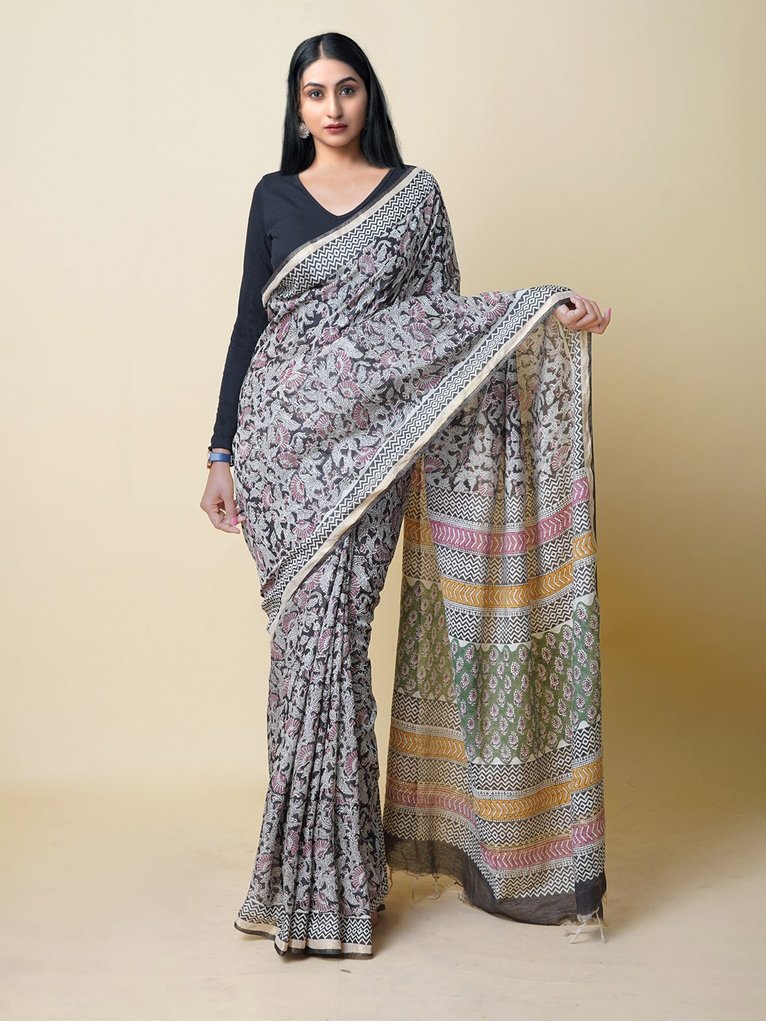 

Unnati Silks Ethnic Motifs Printed Silk Cotton Chanderi Saree, Black