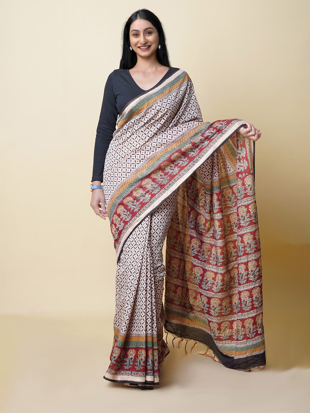 

Unnati Silks Geometric Printed Silk Cotton Chanderi Saree, Cream