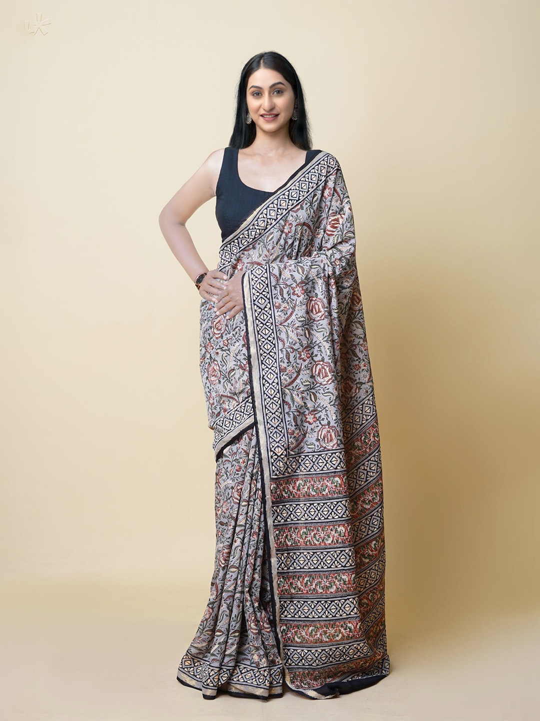 

Unnati Silks Ethnic Motifs Printed Silk Cotton Chanderi Saree, Grey